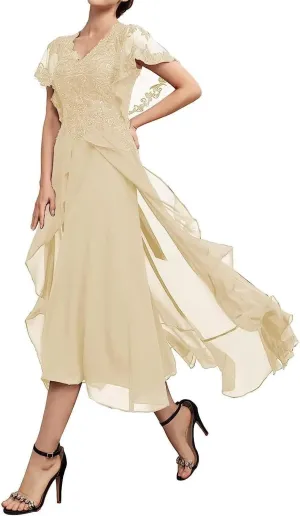 Women's Chiffon Mother of The Bride Dresses Tea Length with Sleeves Lace High Low Long Formal Evening Gowns