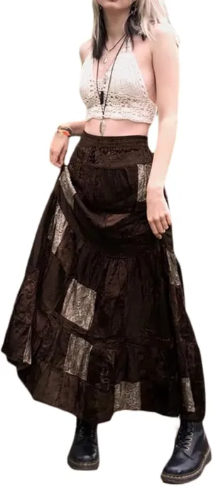 Women's Fairy Grunge Midi Skirt High Waist Vintage A-Line Long Skirt Lace Up Solid Color Y2K Streetwear Clothes (Brown-A, M)