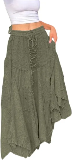Women's Fairy Grunge Midi Skirt High Waist Vintage A-Line Long Skirt Lace Up Solid Color Y2K Streetwear Clothes