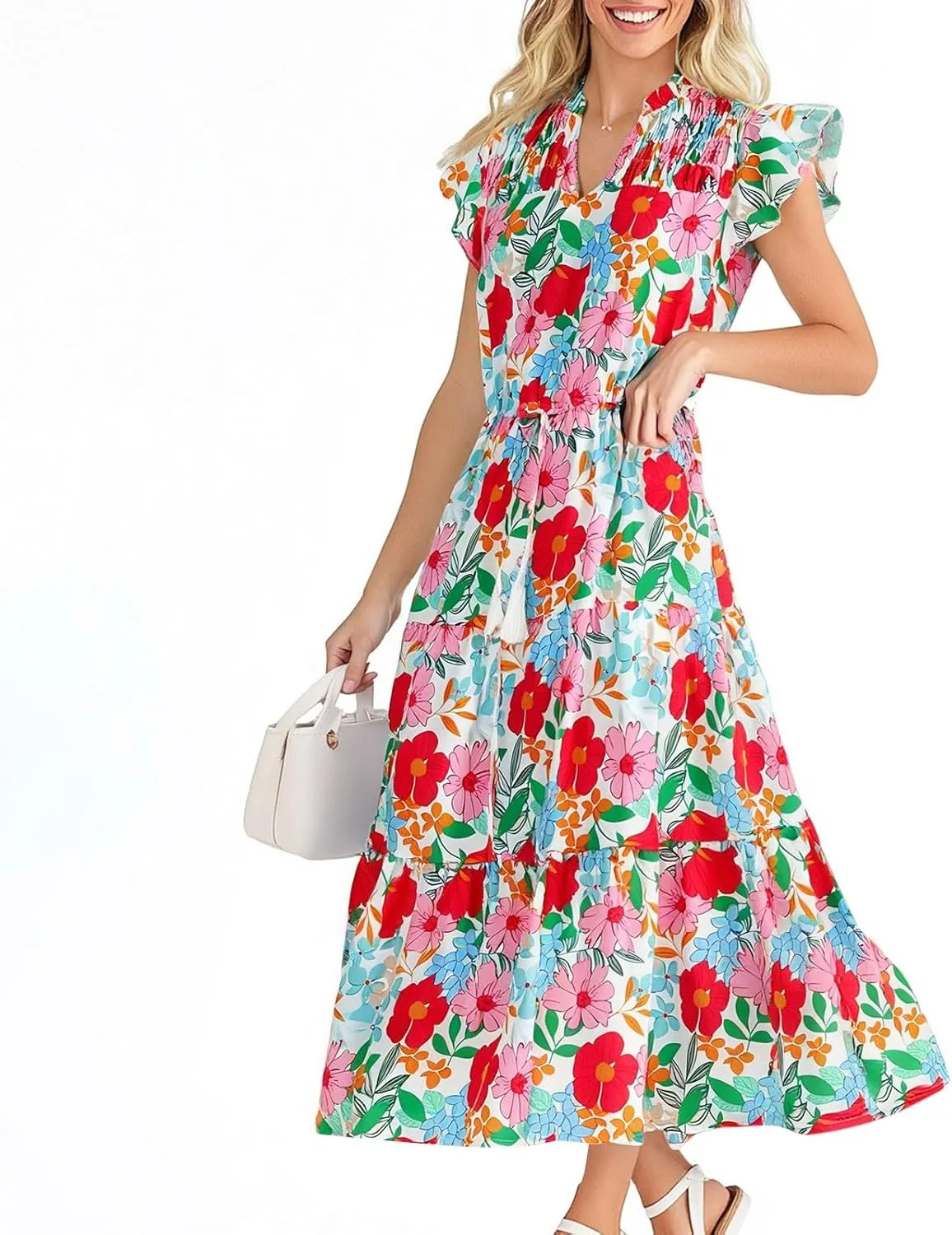 Womens Floral Maxi Dresses Casual Flowy Boho Dresses Summer Ruffle Short Sleeve V Neck Dress Wedding Guest Dresses for Women