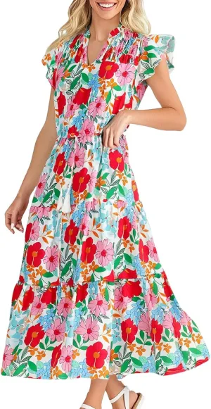 Womens Floral Maxi Dresses Casual Flowy Boho Dresses Summer Ruffle Short Sleeve V Neck Dress Wedding Guest Dresses for Women
