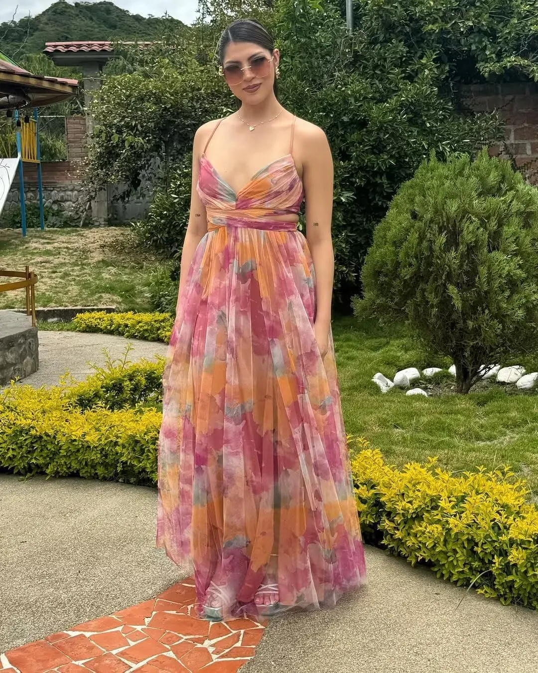 Women's Floral Print Tulle Prom Dresses Spaghetti Straps V Neck A Line Beach Summer Dresses XOD0474