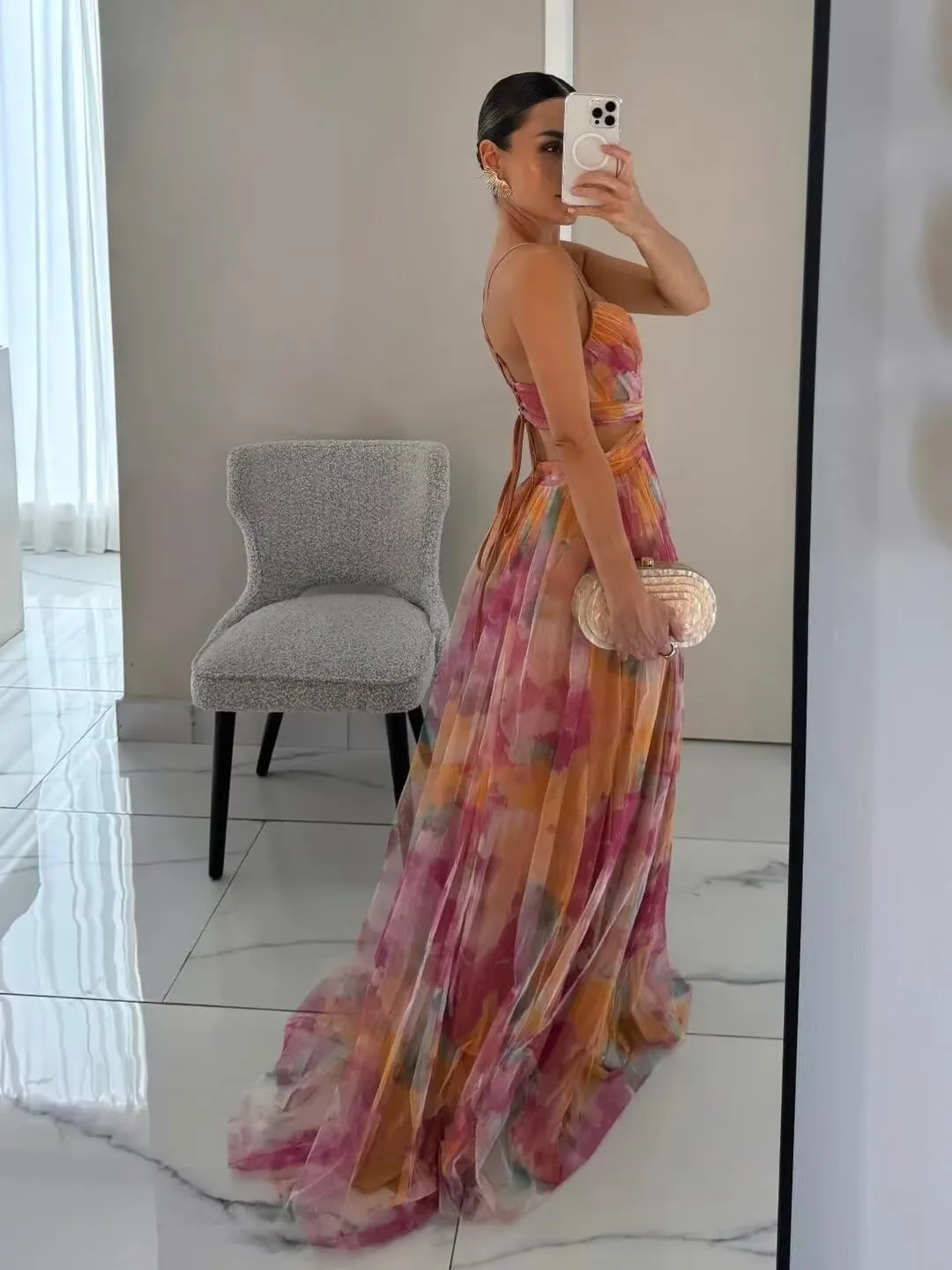 Women's Floral Print Tulle Prom Dresses Spaghetti Straps V Neck A Line Beach Summer Dresses XOD0474