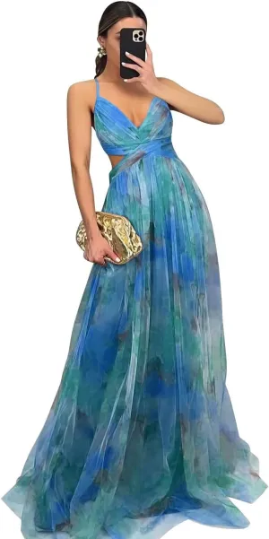 Women's Floral Print Tulle Prom Dresses Spaghetti Straps V Neck A Line Beach Summer Dresses XOD0474