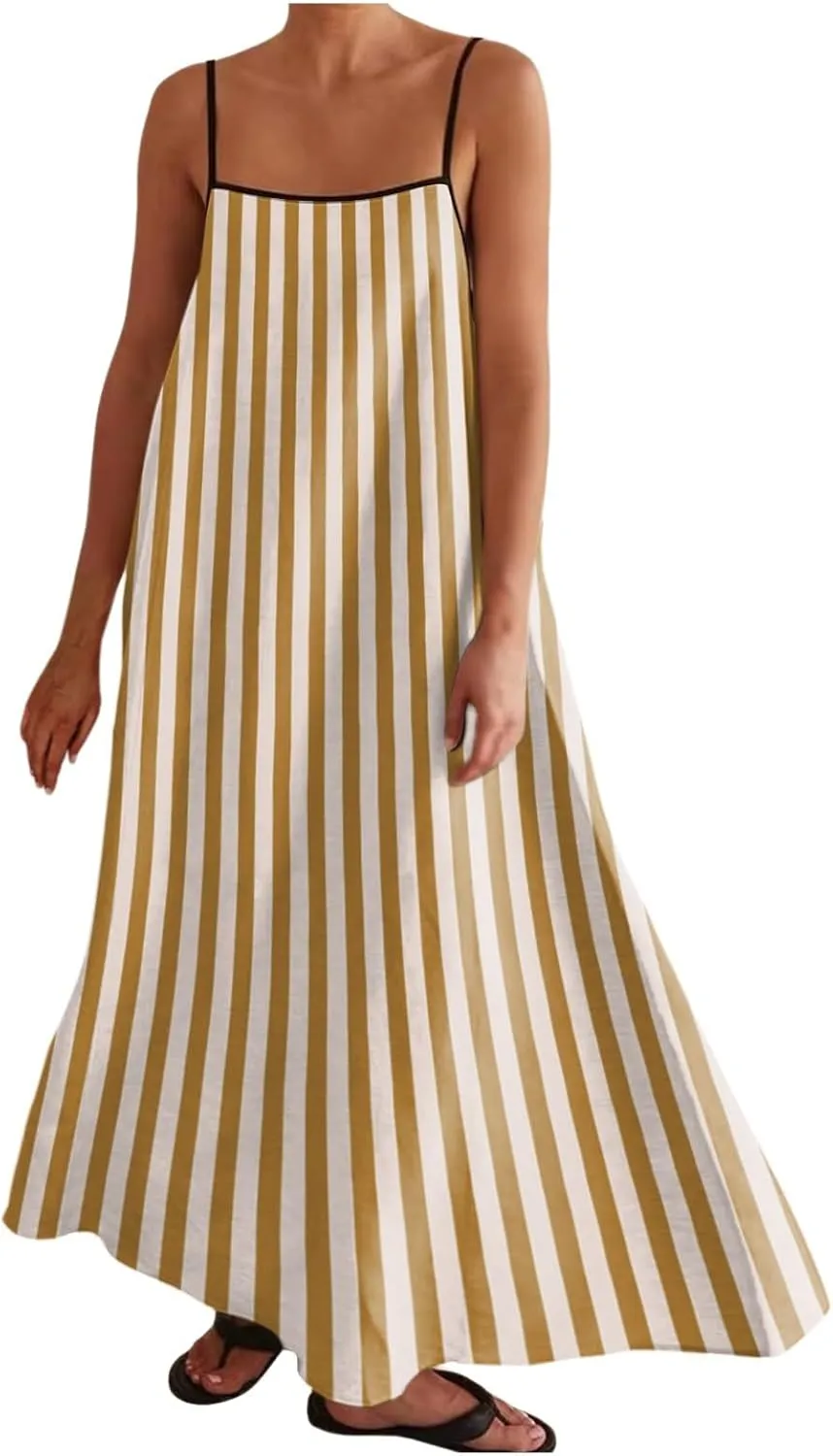 Womens Linen Maxi Dress Contrast Trim Spaghetti Straps Summer Outfits Travel Vacation Sleeveless Long Dresses