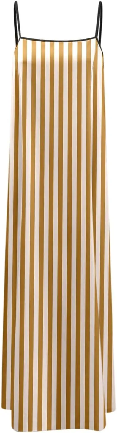 Womens Linen Maxi Dress Contrast Trim Spaghetti Straps Summer Outfits Travel Vacation Sleeveless Long Dresses