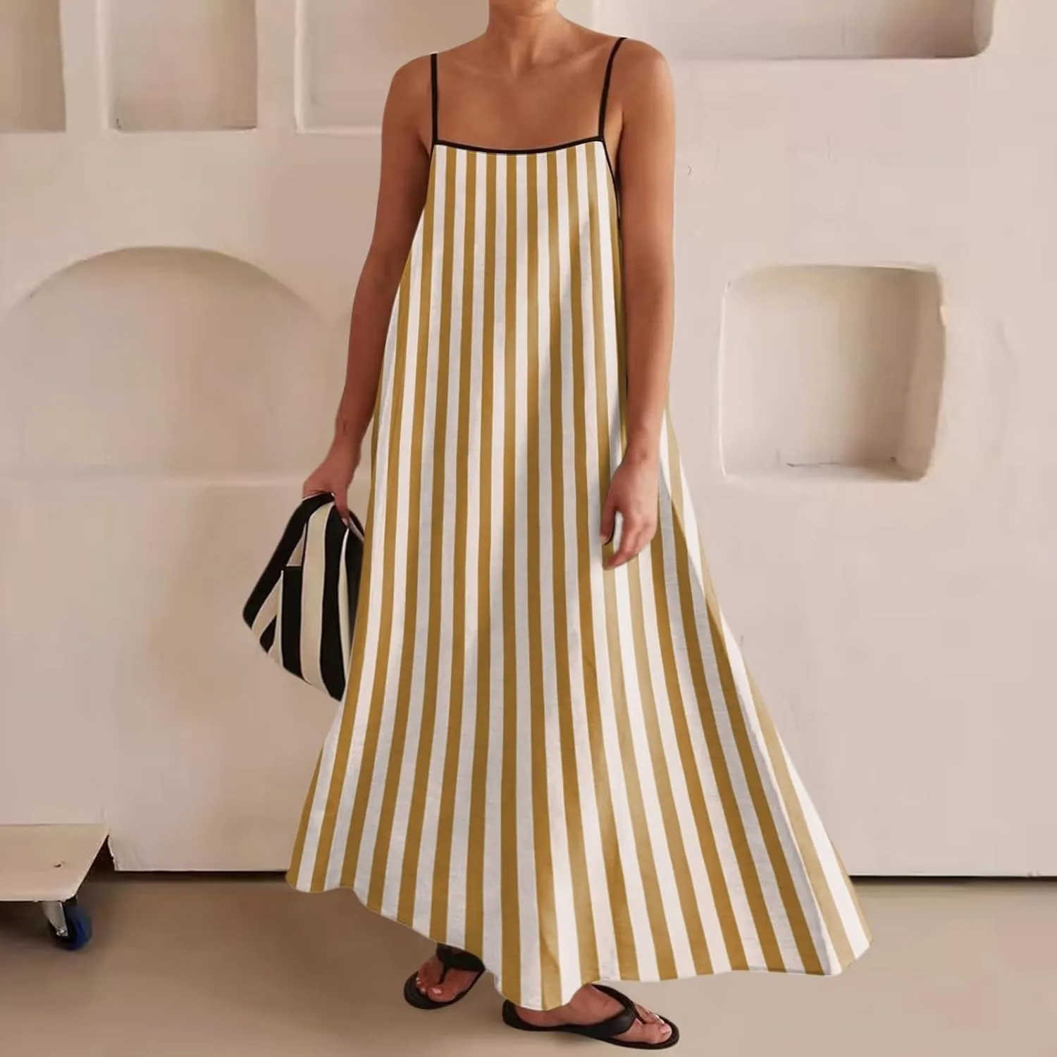 Womens Linen Maxi Dress Contrast Trim Spaghetti Straps Summer Outfits Travel Vacation Sleeveless Long Dresses