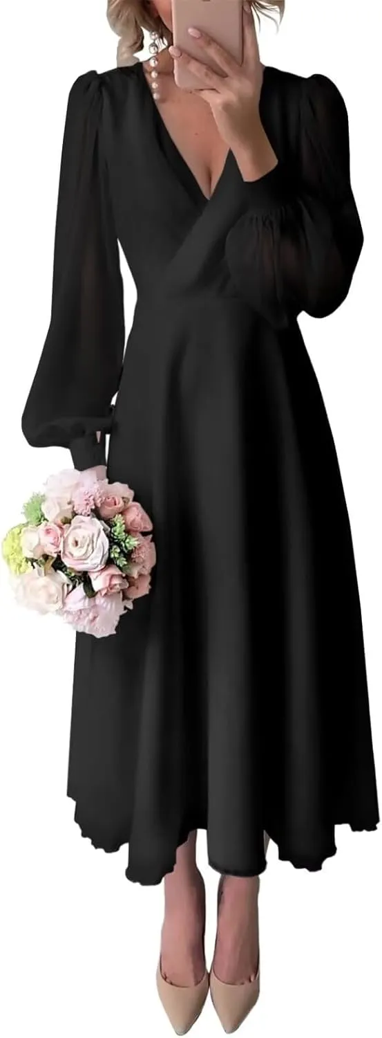 Women's Long Sleeve Wedding Dresses Chiffon V Neck Tea Length Bridal Gown for Brides