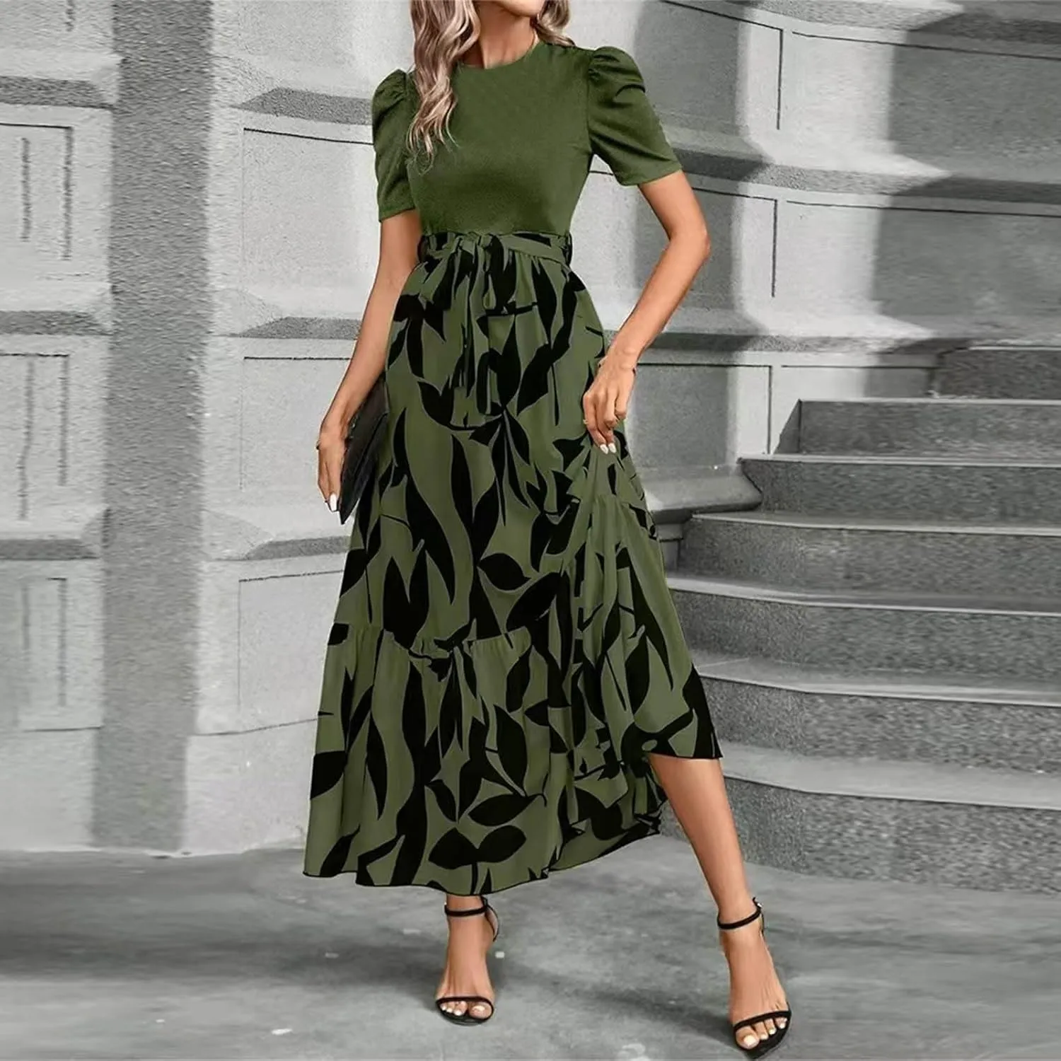 Women's Ruffle Short Sleeve Casual Maxi Dress Summer 2025 Dresses with Pockets Floral Printed Long Flowy Dresses