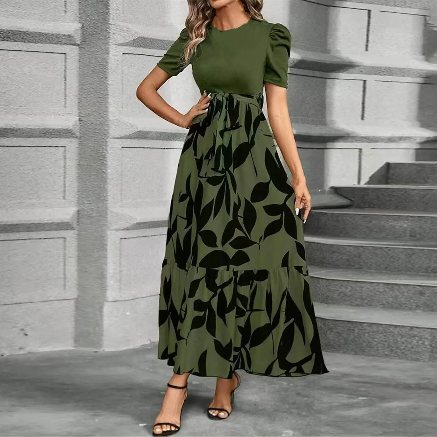Women's Ruffle Short Sleeve Casual Maxi Dress Summer 2025 Dresses with Pockets Floral Printed Long Flowy Dresses