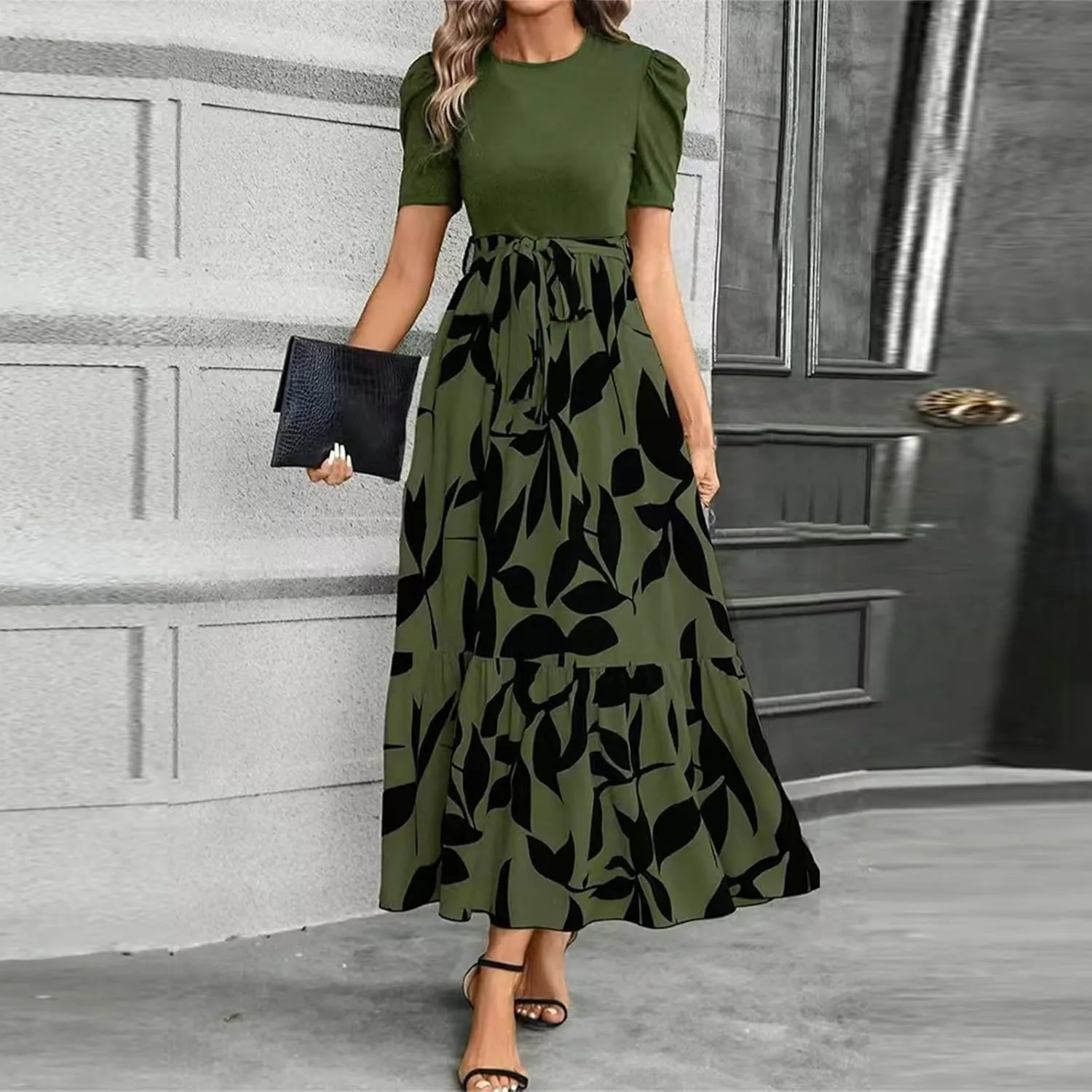 Women's Ruffle Short Sleeve Casual Maxi Dress Summer 2025 Dresses with Pockets Floral Printed Long Flowy Dresses