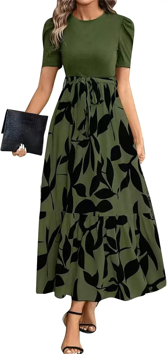 Women's Ruffle Short Sleeve Casual Maxi Dress Summer 2025 Dresses with Pockets Floral Printed Long Flowy Dresses