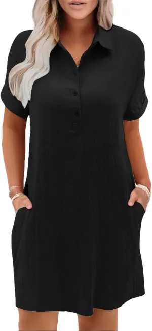 Womens Shirt Dress Summer Casual Short Sleeve Button Down Mini Dress Beach Vacation Dresses with Pockets