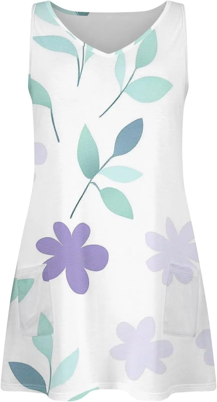 Women's Sleeveless Floral Print Summer Dress Casual Loose Fit V-Neck Beach Summer with Pattern