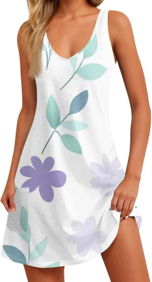 Women's Sleeveless Floral Print Summer Dress Casual Loose Fit V-Neck Beach Summer with Pattern