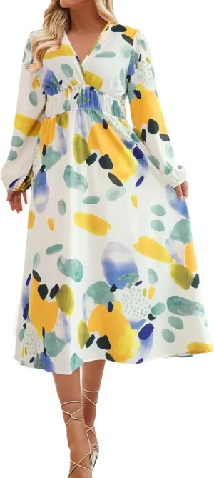 Women's Spring Floral Midi Dress Casual Fall V Neck Long Sleeve Flowy Beach Wedding Guest Vacation Dresses