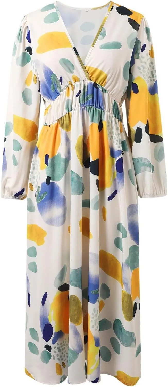 Women's Spring Floral Midi Dress Casual Fall V Neck Long Sleeve Flowy Beach Wedding Guest Vacation Dresses