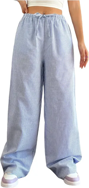 Women's Straight Wide Leg Trousers Striped Print Letter Loose Drawstring Tie High Waist Going Out Y2K Fashion Pants