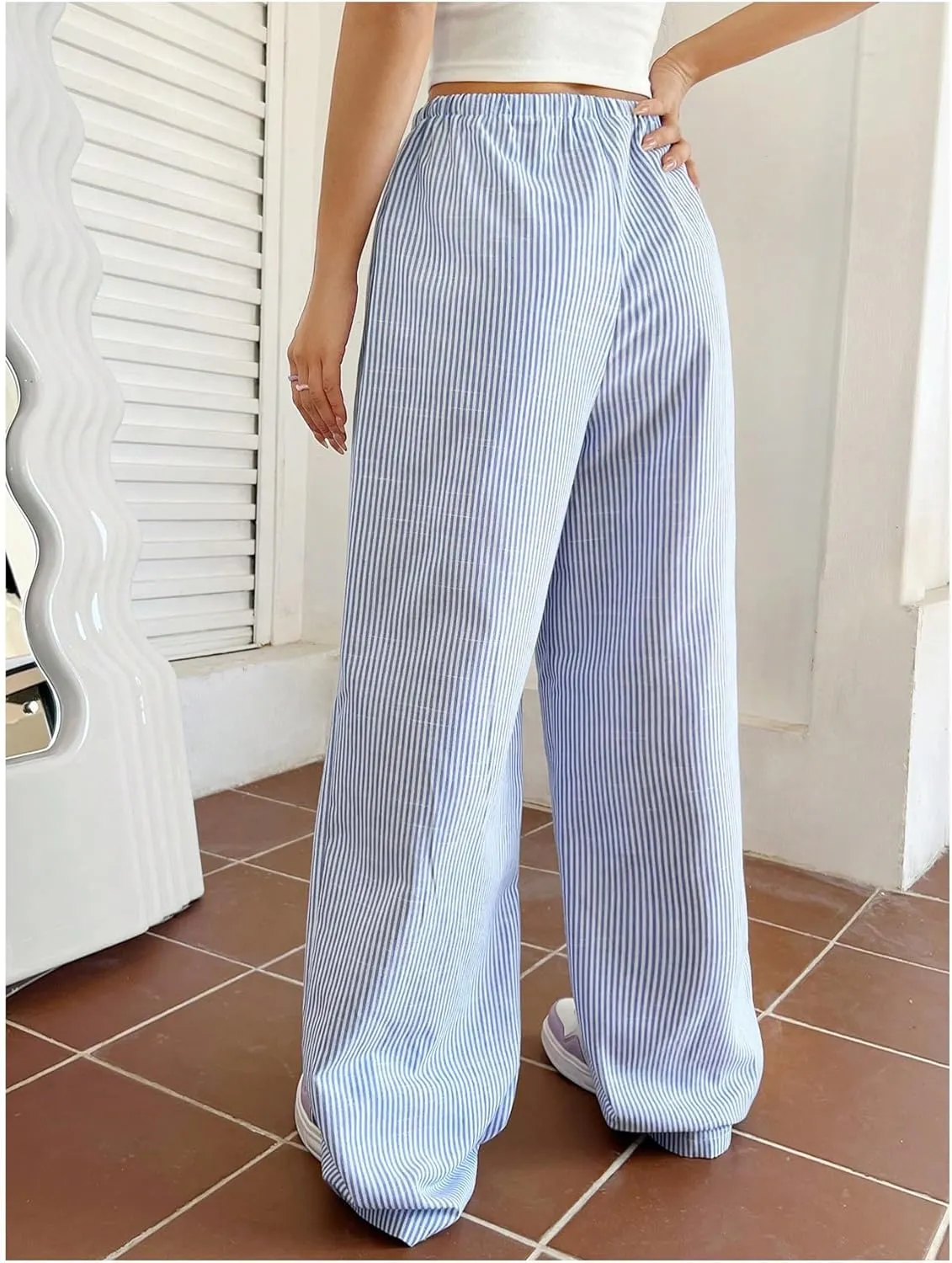 Women's Straight Wide Leg Trousers Striped Print Letter Loose Drawstring Tie High Waist Going Out Y2K Fashion Pants