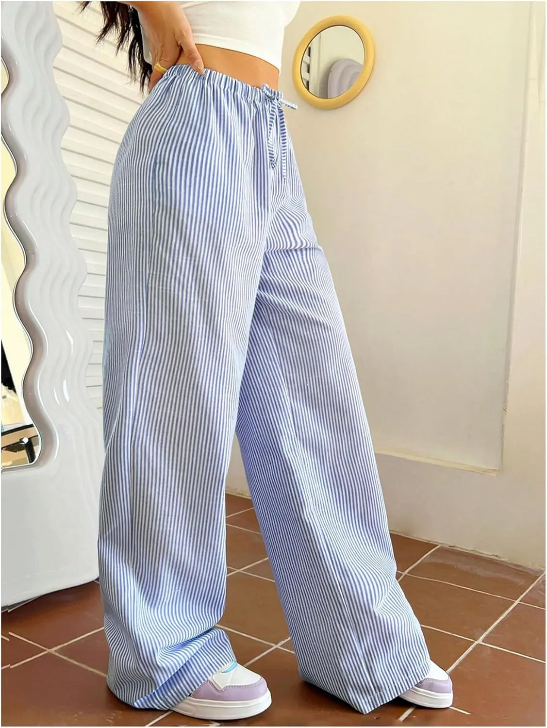 Women's Straight Wide Leg Trousers Striped Print Letter Loose Drawstring Tie High Waist Going Out Y2K Fashion Pants
