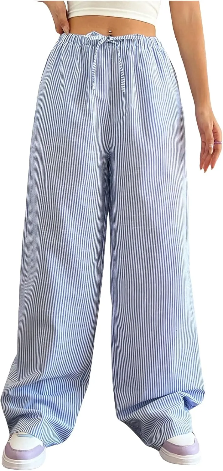 Women's Straight Wide Leg Trousers Striped Print Letter Loose Drawstring Tie High Waist Going Out Y2K Fashion Pants