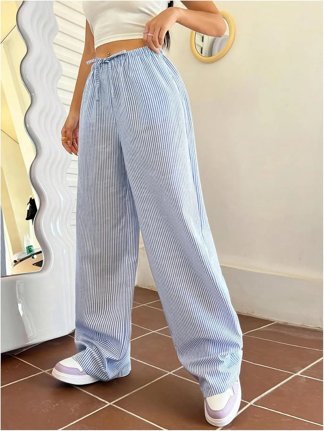 Women's Straight Wide Leg Trousers Striped Print Letter Loose Drawstring Tie High Waist Going Out Y2K Fashion Pants