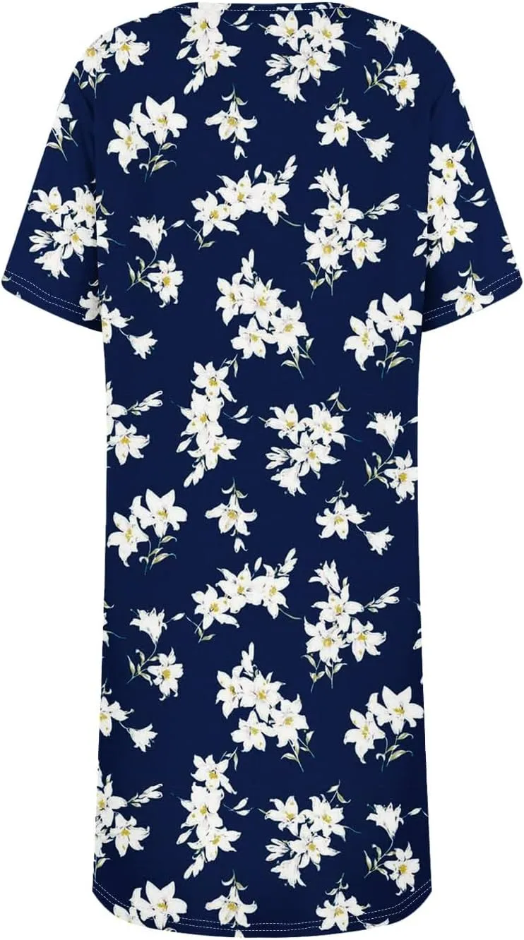 Women's Summer Casual Trendy Dress Floral Print Round Neck Short Sleeve Flowy Midi Dresses with Pocket, S-3XL