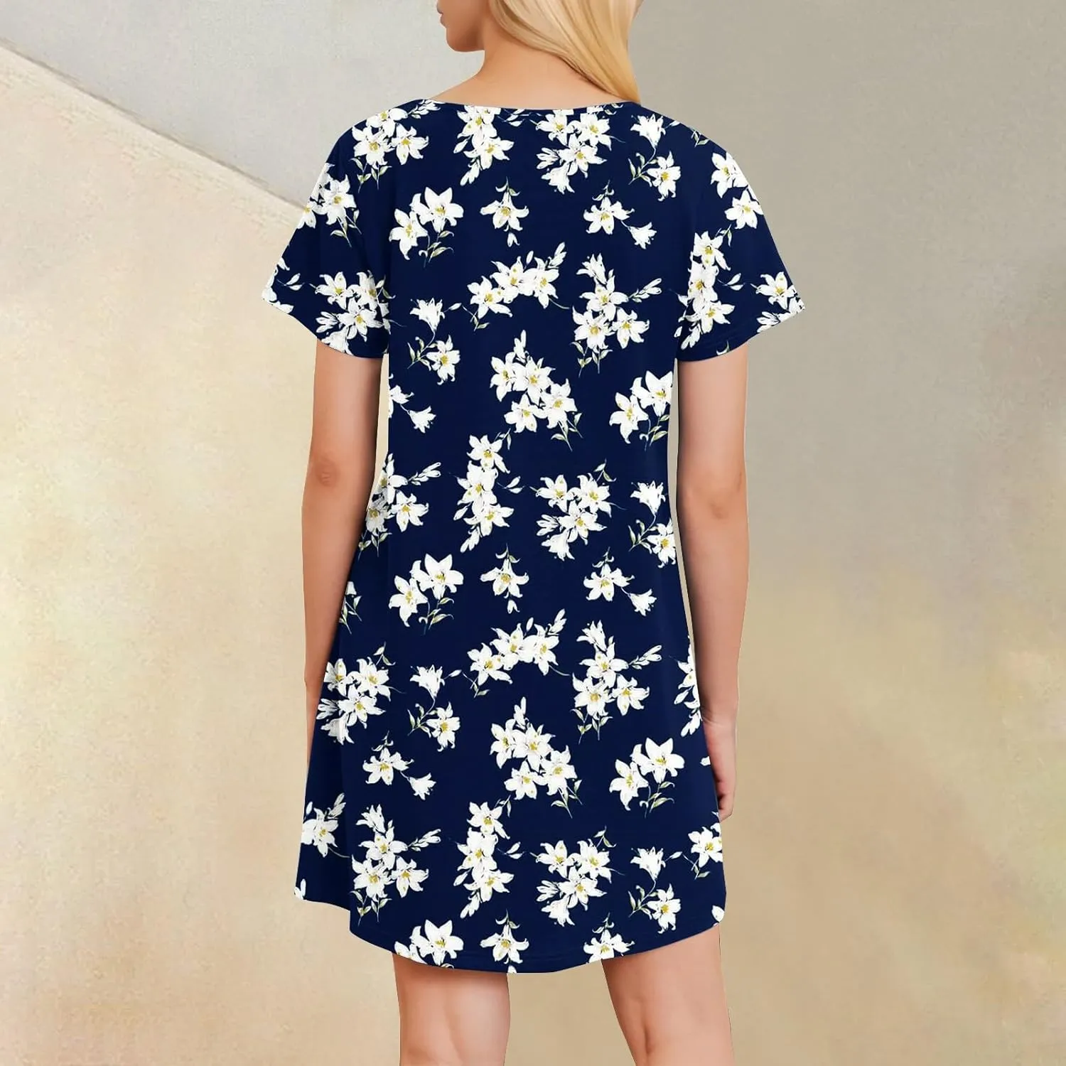Women's Summer Casual Trendy Dress Floral Print Round Neck Short Sleeve Flowy Midi Dresses with Pocket, S-3XL