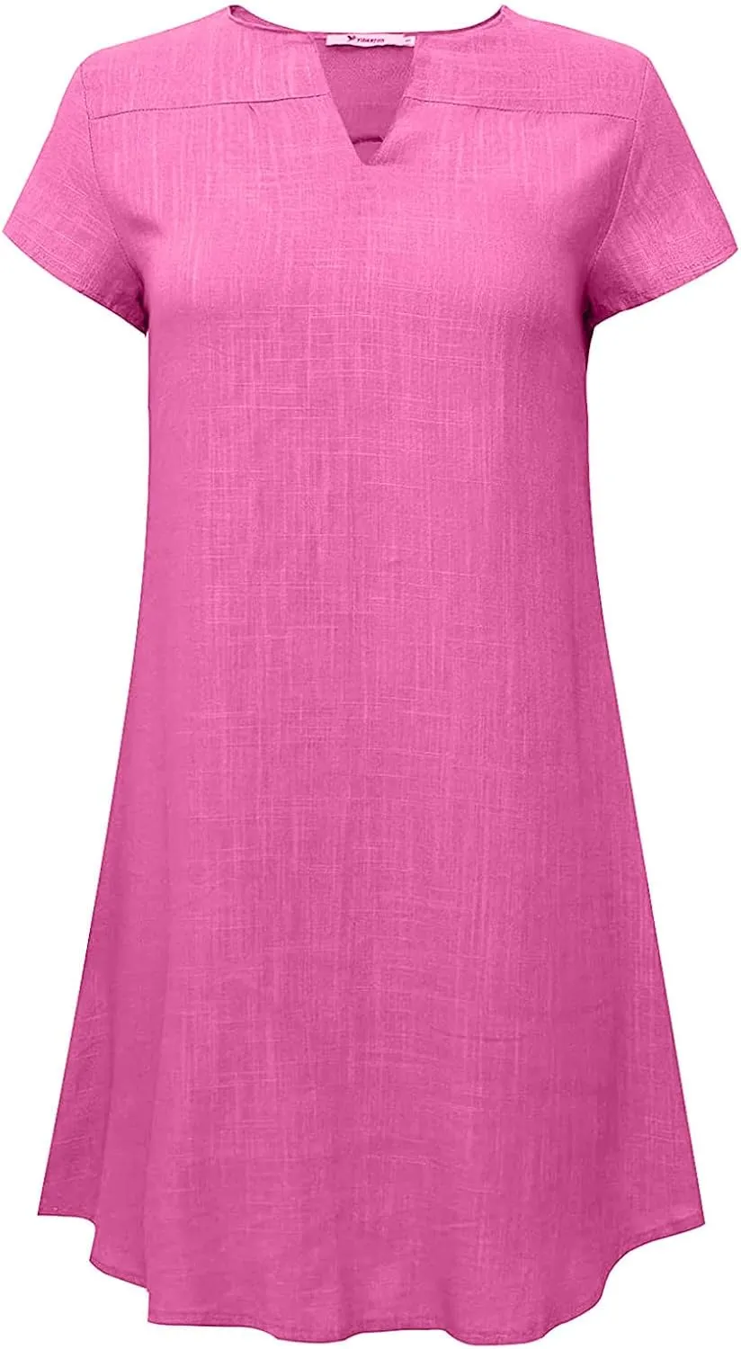 Womens Summer Cotton Linen Dresses Plus Size Casual V Neck Short Sleeve Midi Dress Floral Embroidery Shirt Dress