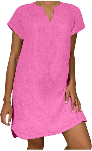 Womens Summer Cotton Linen Dresses Plus Size Casual V Neck Short Sleeve Midi Dress Floral Embroidery Shirt Dress