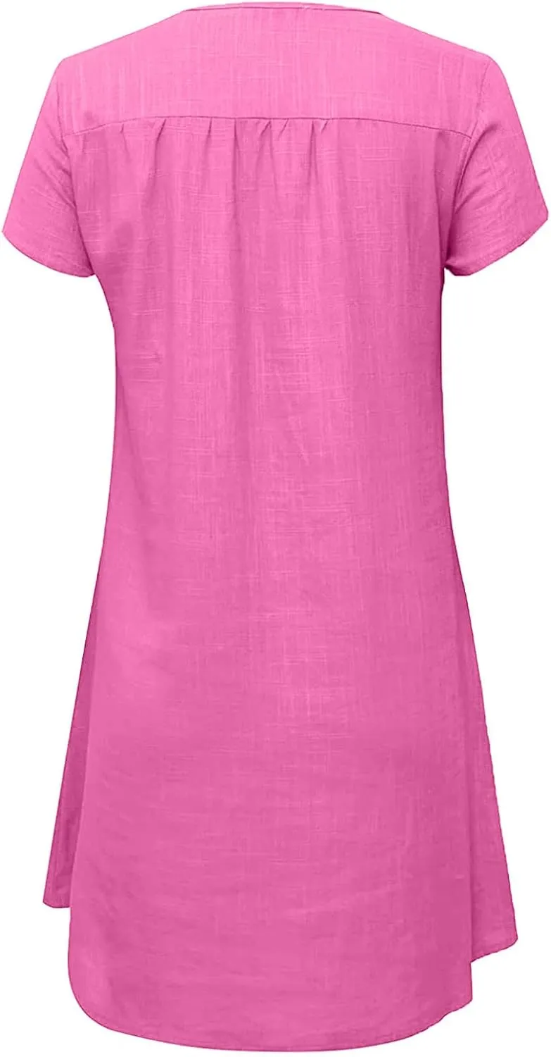 Womens Summer Cotton Linen Dresses Plus Size Casual V Neck Short Sleeve Midi Dress Floral Embroidery Shirt Dress