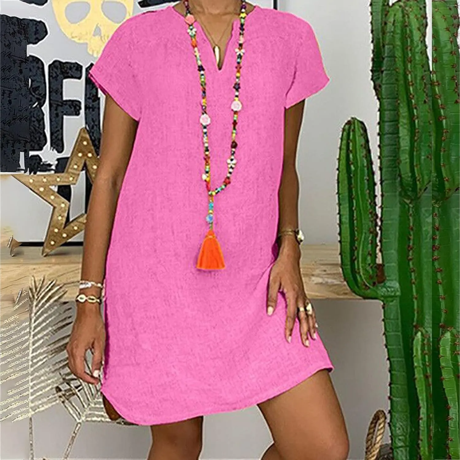 Womens Summer Cotton Linen Dresses Plus Size Casual V Neck Short Sleeve Midi Dress Floral Embroidery Shirt Dress