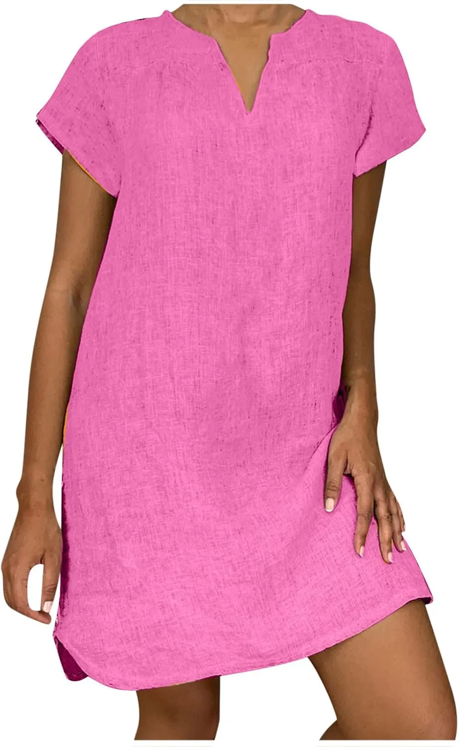 Womens Summer Cotton Linen Dresses Plus Size Casual V Neck Short Sleeve Midi Dress Floral Embroidery Shirt Dress