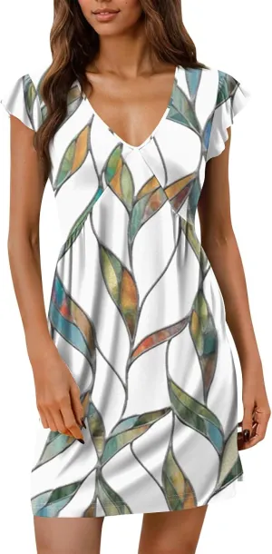 Women's Summer Dresses 2025 Casual Deep V Neck Ruffle Short Sleeve Mini Dress Solid Beach Vacation Party Sundress