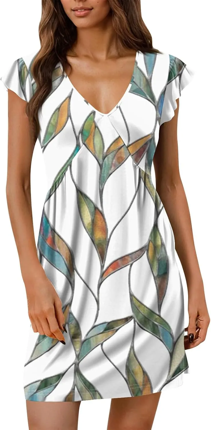 Women's Summer Dresses 2025 Casual Deep V Neck Ruffle Short Sleeve Mini Dress Solid Beach Vacation Party Sundress