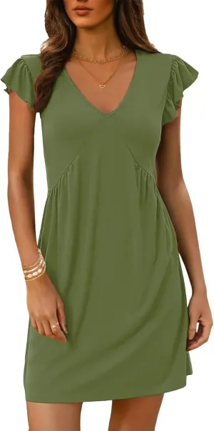 Womens Summer Dresses 2025 Casual Deep V Neck Ruffle Sleeve Mini Dresses Trendy Loose Vacation Beach Sundress Clothes