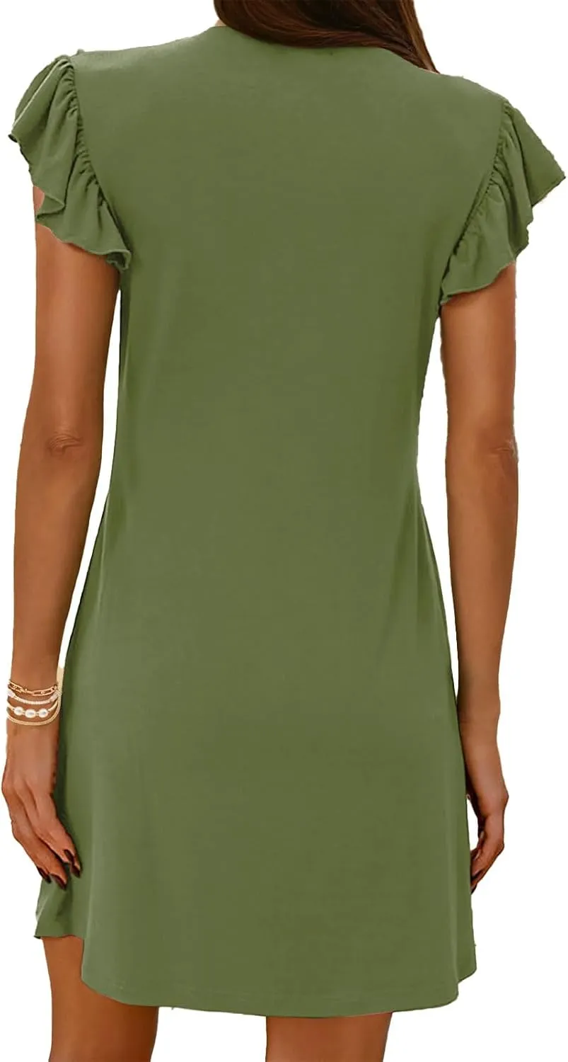 Womens Summer Dresses 2025 Casual Deep V Neck Ruffle Sleeve Mini Dresses Trendy Loose Vacation Beach Sundress Clothes
