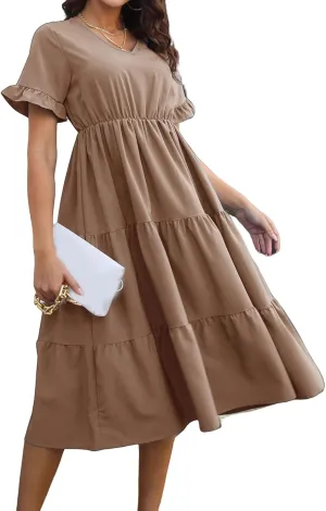 Women's Summer Dresses Casual V Neck Ruffle Short Sleeve Midi Dress Trendy Loose Fit Tunic Ruffle Hem Beach Sundress