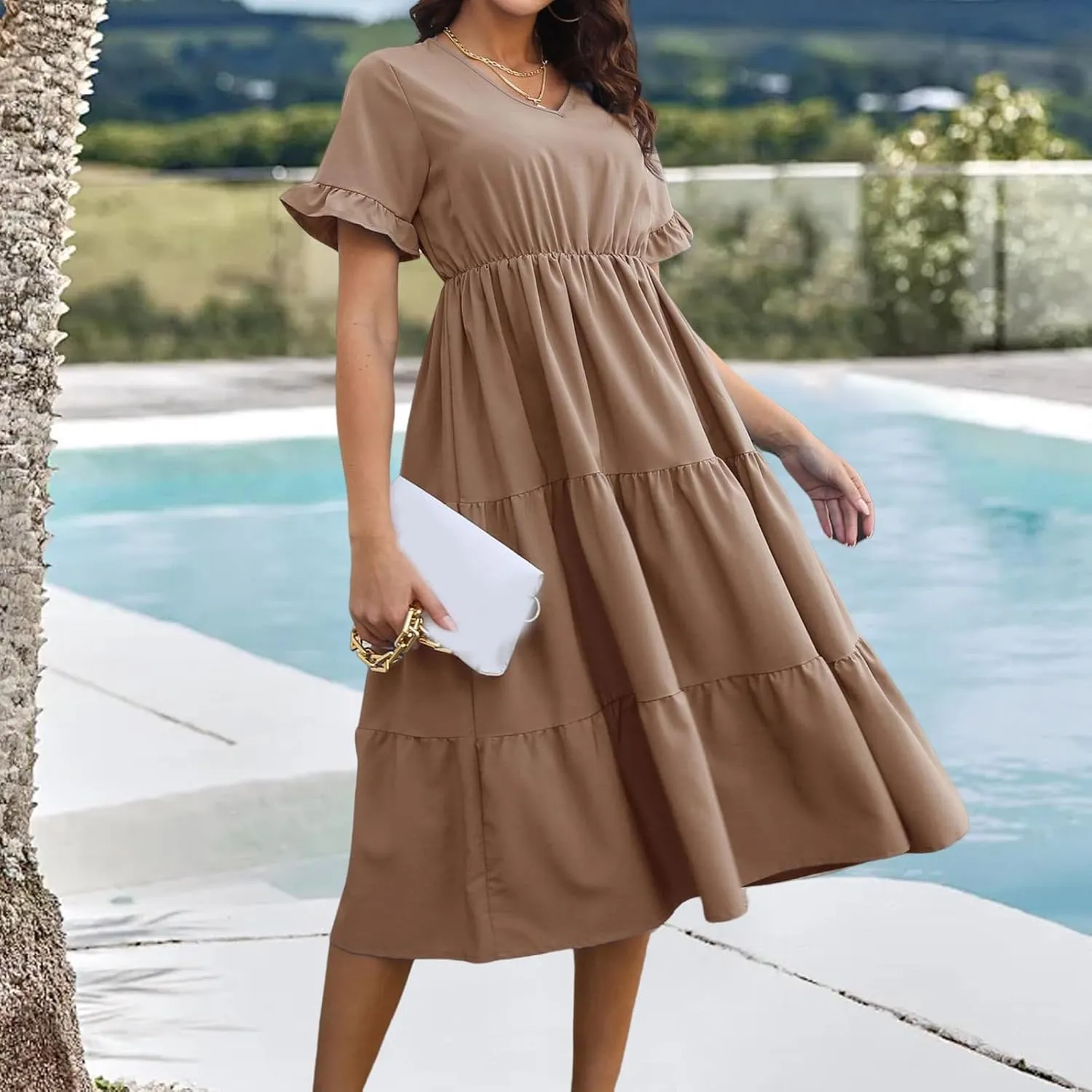 Women's Summer Dresses Casual V Neck Ruffle Short Sleeve Midi Dress Trendy Loose Fit Tunic Ruffle Hem Beach Sundress