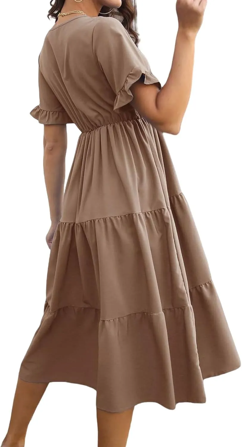 Women's Summer Dresses Casual V Neck Ruffle Short Sleeve Midi Dress Trendy Loose Fit Tunic Ruffle Hem Beach Sundress