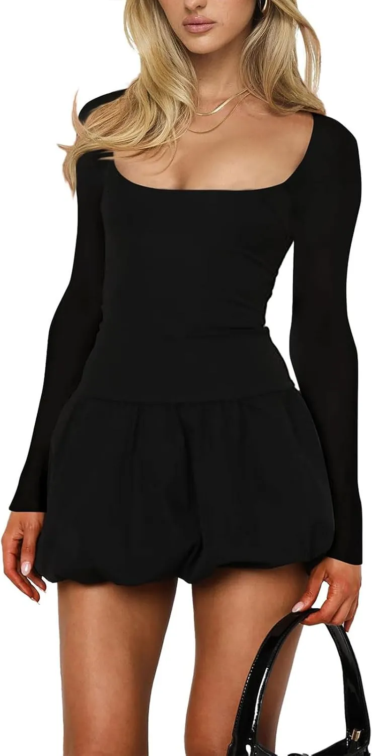 Womens Summer Dresses Sexy Bubble Mini Dress Square Neck Long Sleeve Color Block Skirts Slim Fit Party Dresses