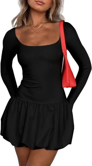 Womens Summer Dresses Sexy Bubble Mini Dress Square Neck Long Sleeve Color Block Skirts Slim Fit Party Dresses