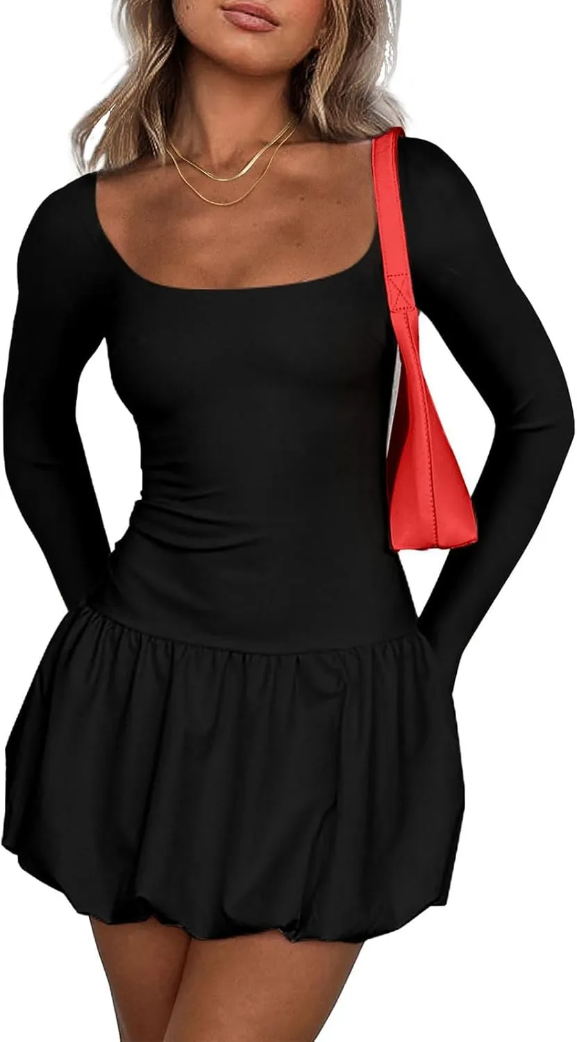 Womens Summer Dresses Sexy Bubble Mini Dress Square Neck Long Sleeve Color Block Skirts Slim Fit Party Dresses