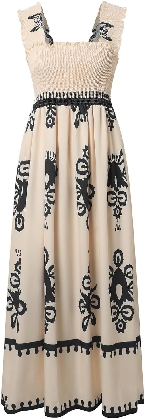 Women's Summer Dresses Sleeveless Casual Boho Maxi Long Dress Square Neck Smocked Floral Beach Vacation Sundresses 3