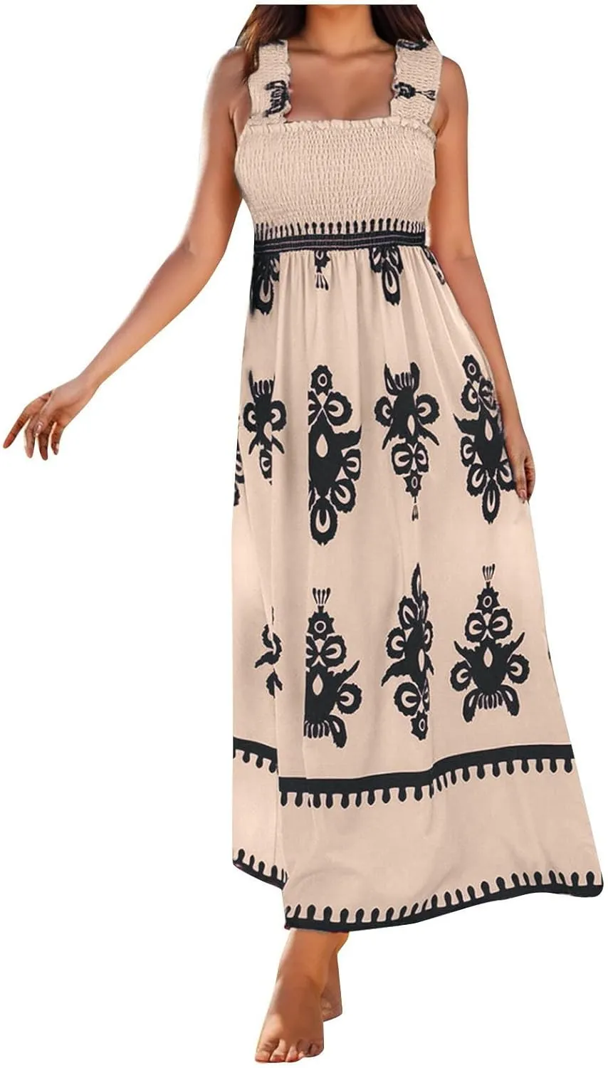 Women's Summer Dresses Sleeveless Casual Boho Maxi Long Dress Square Neck Smocked Floral Beach Vacation Sundresses 3