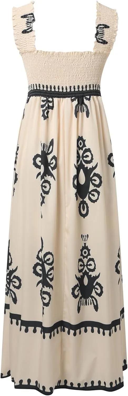 Women's Summer Dresses Sleeveless Casual Boho Maxi Long Dress Square Neck Smocked Floral Beach Vacation Sundresses 3