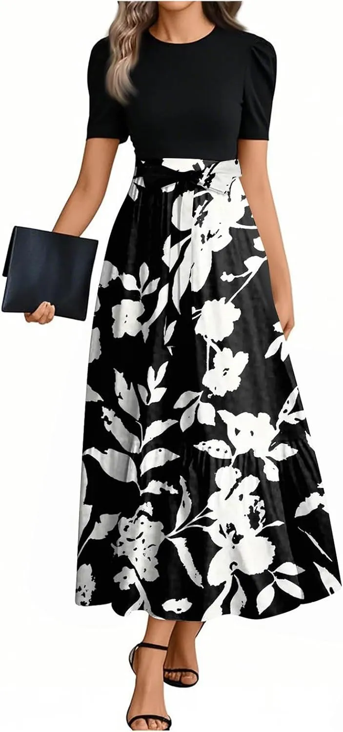 Womens Summer Dresses Trendy Floral Print Short Sleeve Wrap Flowy Maxi Sundress Elegant Ruffle Hem Cocktail Dress