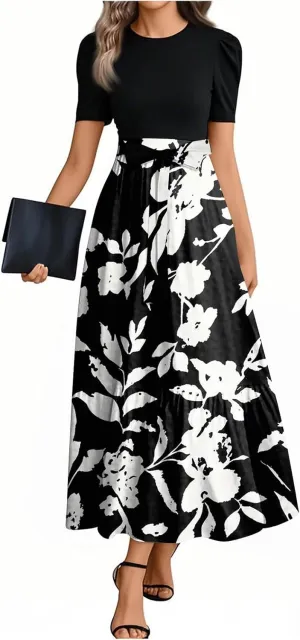 Womens Summer Dresses Trendy Floral Print Short Sleeve Wrap Flowy Maxi Sundress Elegant Ruffle Hem Cocktail Dress