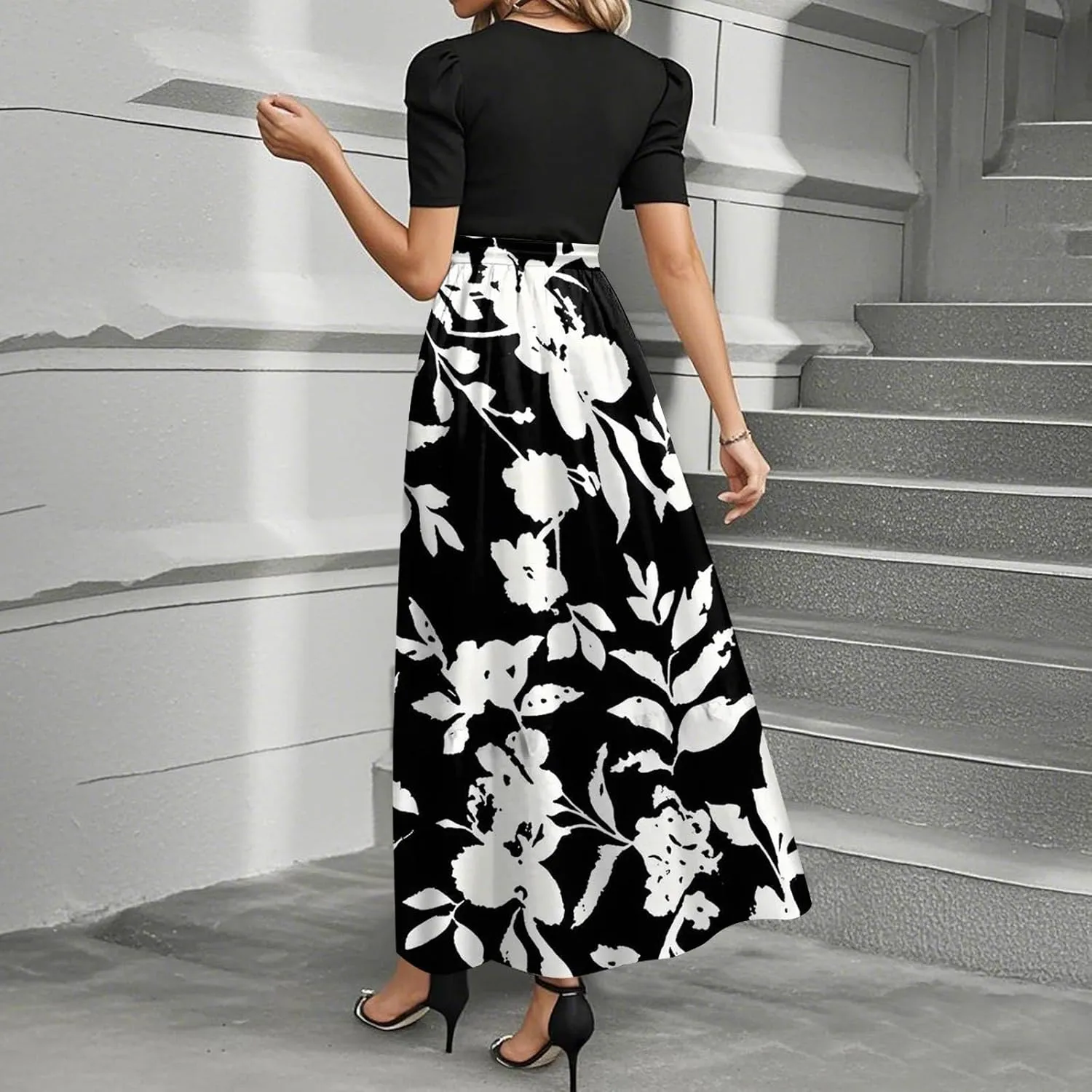Womens Summer Dresses Trendy Floral Print Short Sleeve Wrap Flowy Maxi Sundress Elegant Ruffle Hem Cocktail Dress