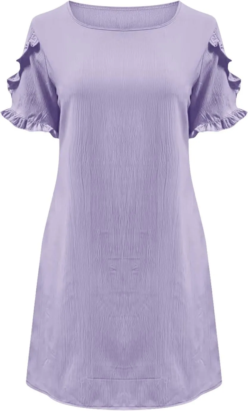 Womens Summer Dresses Trendy Ruffle Edge Short Sleeve Boho Mini Dress Elegant Crewneck Party Club Mini Dress 2024
